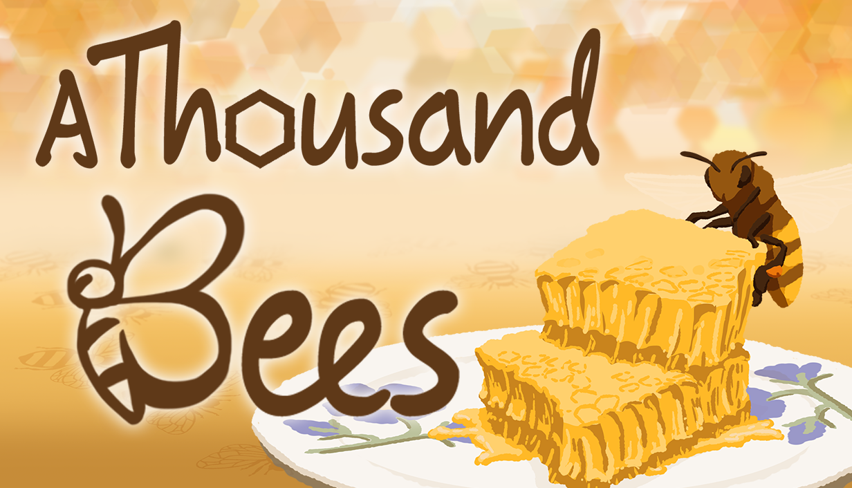 Cover image of the game A Thousand Bees, showing the title. Towards the right, a large bee sits on honeycombs. They are placed on a plate with flower decor.